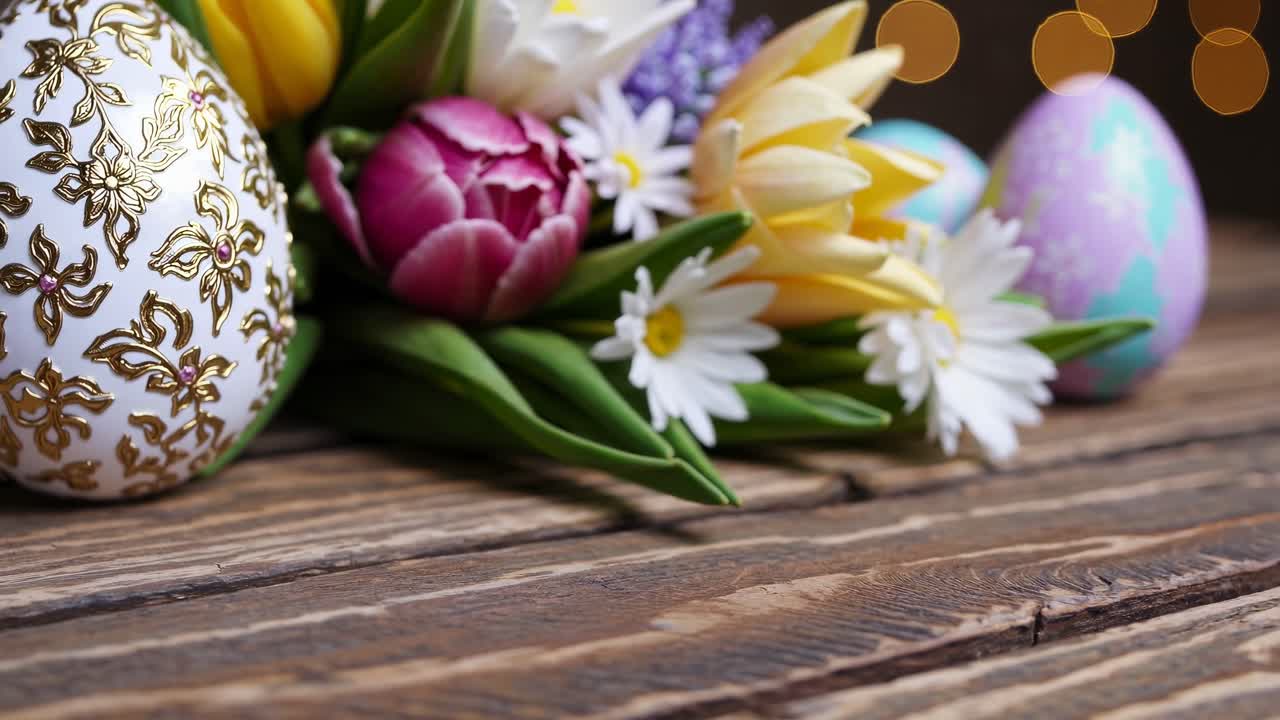 Close-up video of colorful Easter eggs and spring flowers on rustic wood, captured from a low angle
