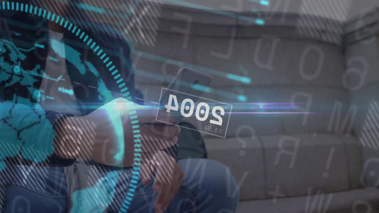 스마트 폰을 사용하는 두 인종 남성의 데이터 처리 및 전 세계 애니메이션