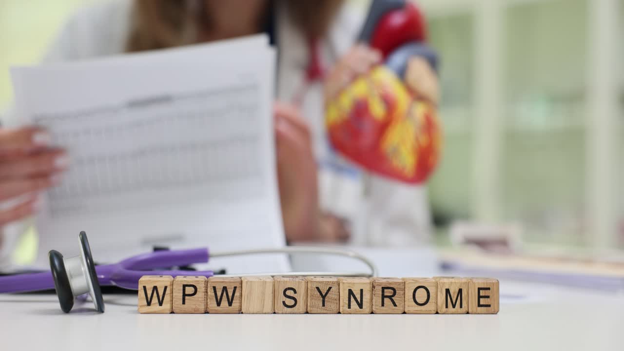 医師の机の上に木製キューブで「WPW syndrome」（WPW症候群）の文字と聴診器が置かれています。