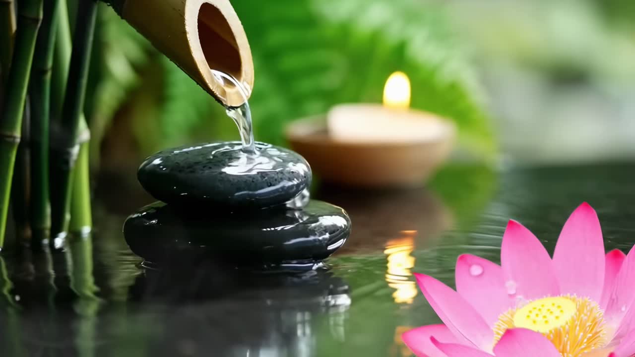 Video di giardino zen con un'inquadratura dal basso di acqua che scorre su pietre, una candela e un fiore di loto.