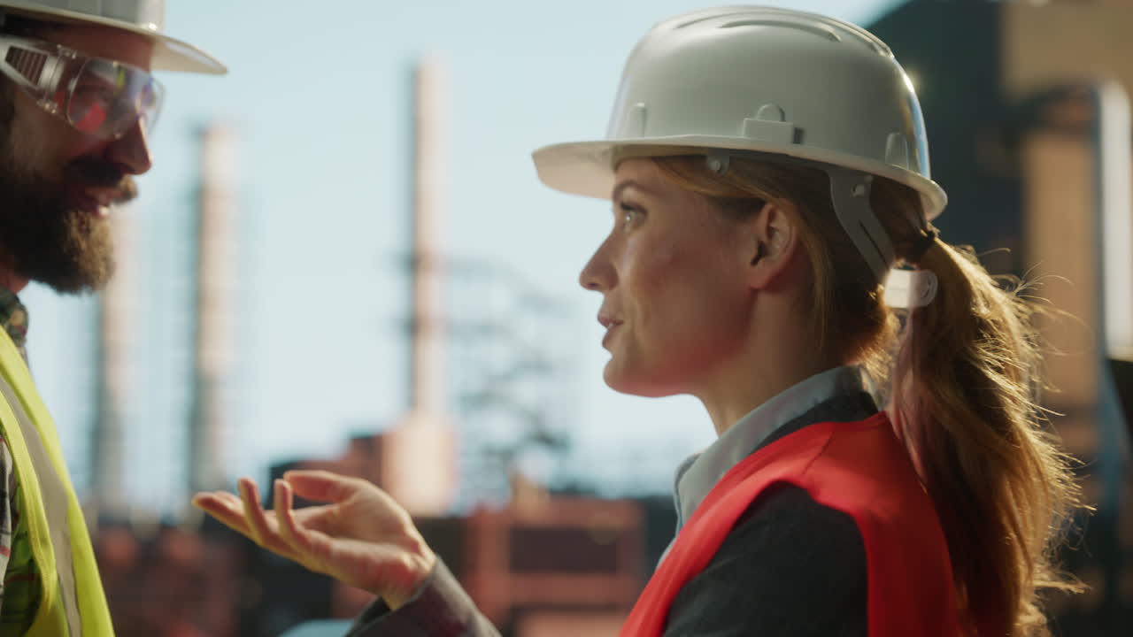 Professional engineers and construction workers discussing at an industrial site