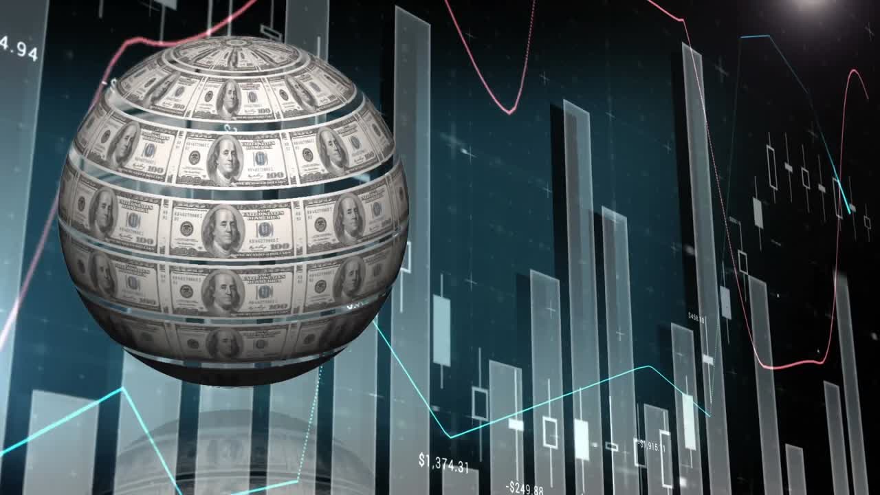esfera de billete de dólar giratoria en el fondo de gráficos y estadísticas