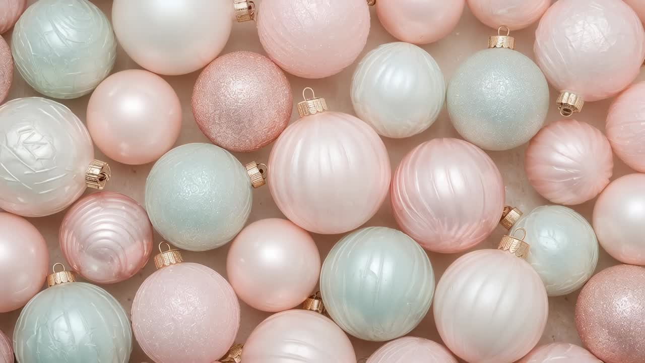Ripresa panoramica che rivela una composizione di decorazioni color pastello su un vassoio da studio, che mostra una lucentezza perlescente