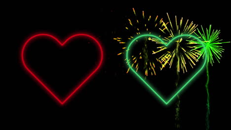 animación de corazones de neón rojo y verde parpadeando en el cielo oscuro con fuegos artificiales
