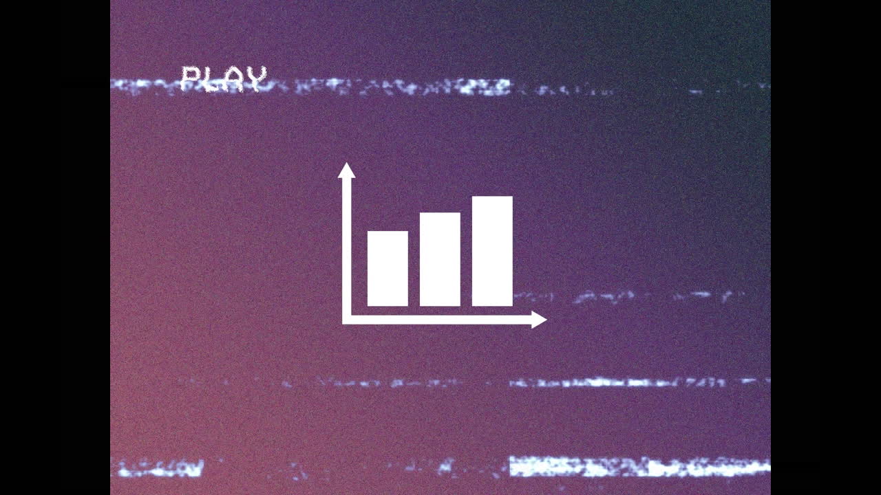 Animation of white bar graph symbol, on playback interface with interference and purple background