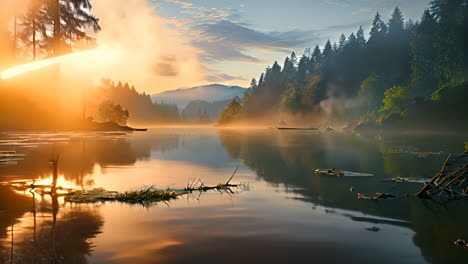 golden sunrise over serene lake surrounded by pine forest and mountains