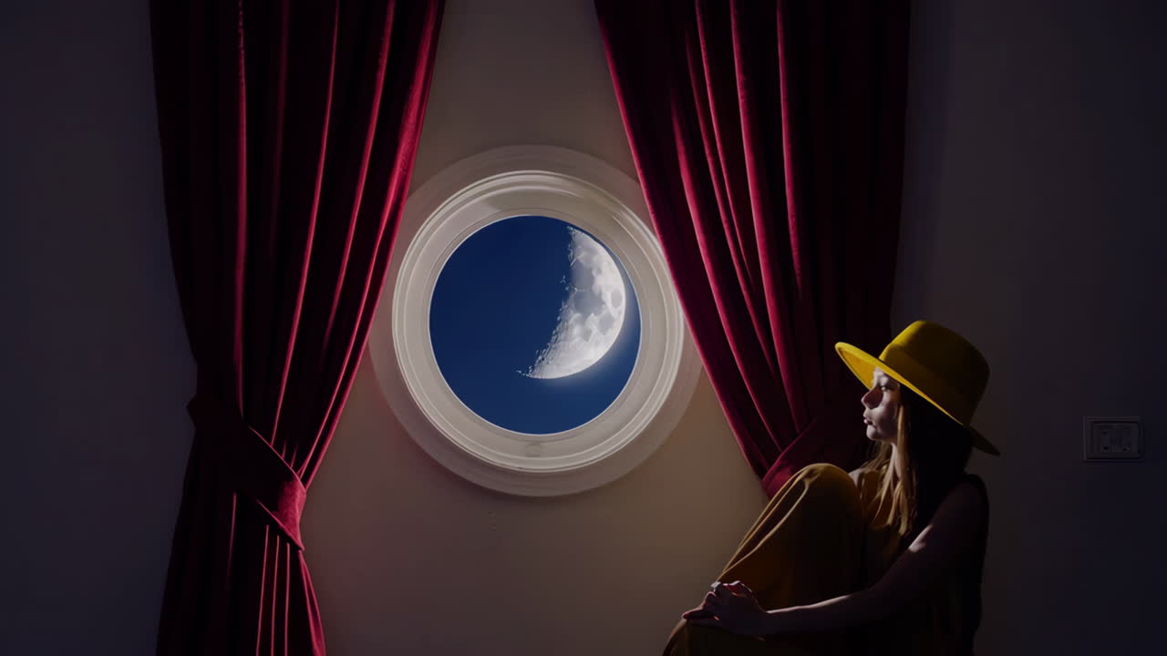 Woman Gazing at Crescent Moon Through a Porthole Window