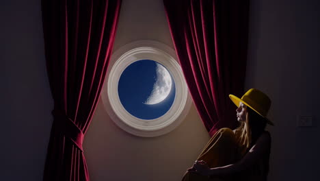 woman gazing at crescent moon through a porthole window