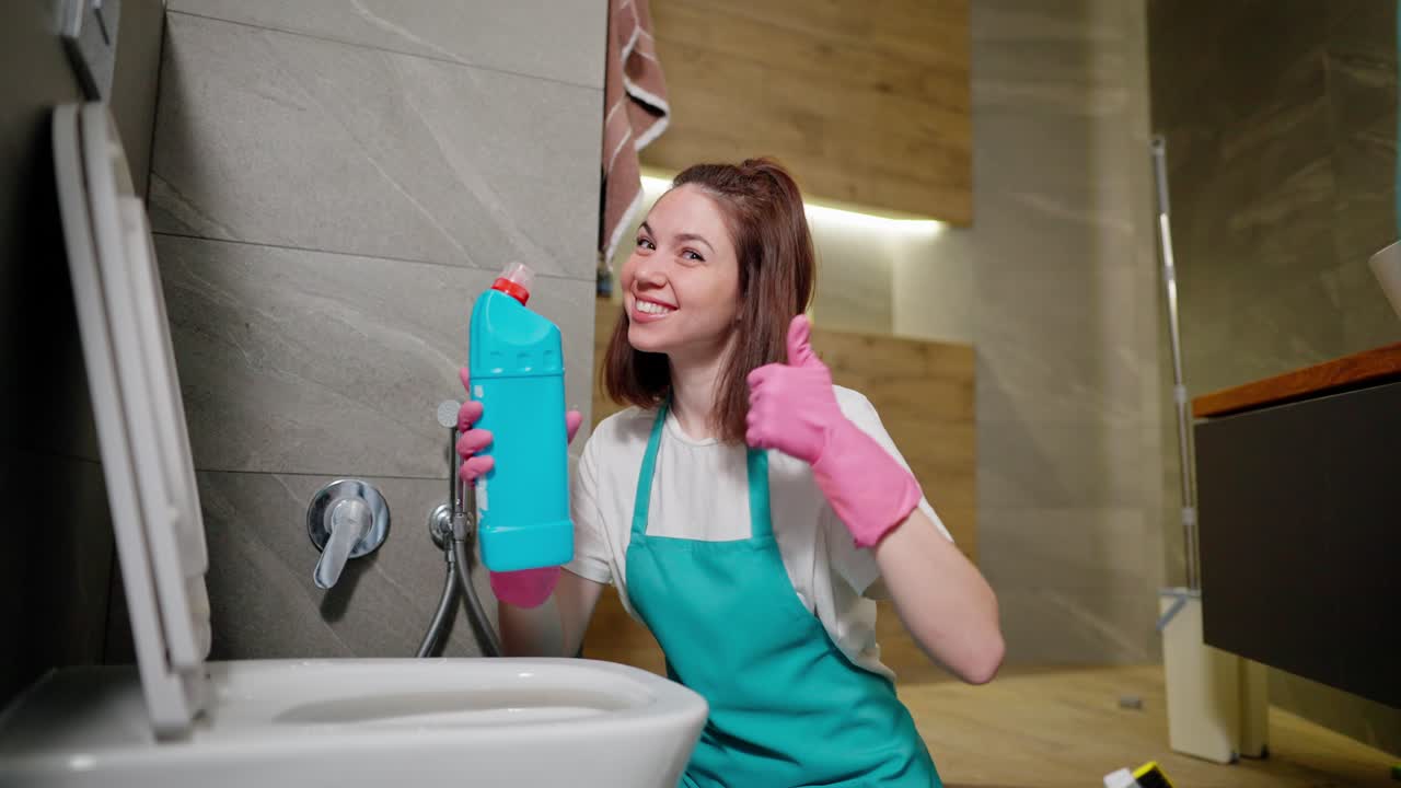 retrato de una mujer de limpieza morena alegre y segura en una camiseta blanca y un delantal azul apunta al detergente en su mano forja la cabeza y le da un gusto en un guante de goma rosa en el baño de un apartamento moderno mientras limpia