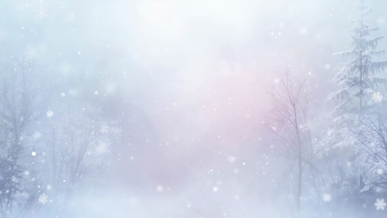 Nebbia rosa in movimento che si espande in una radura innevata all'alba, sollevando la nebbia e rivelando la neve che cade