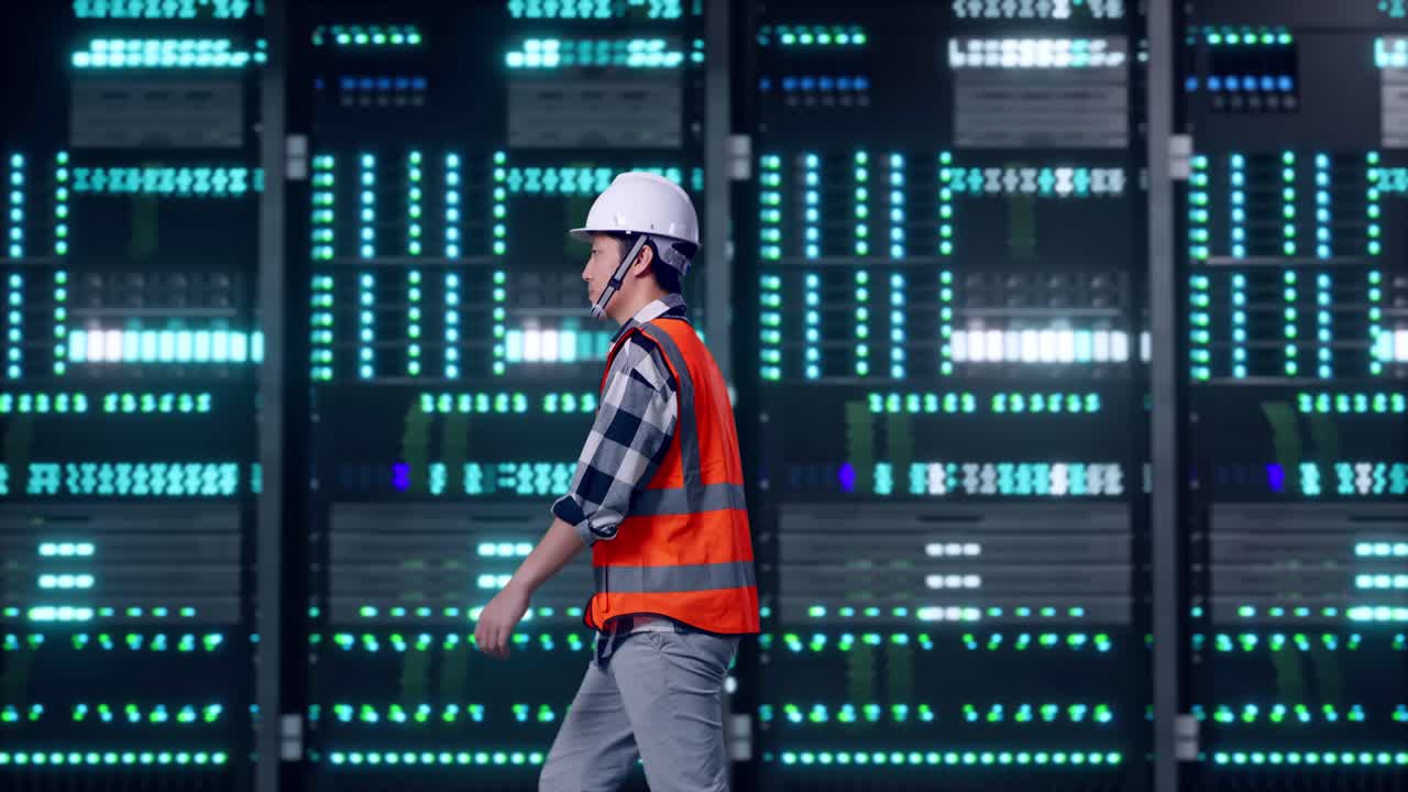 Side View of Asian Male Engineer Walking in Server Room Data Center