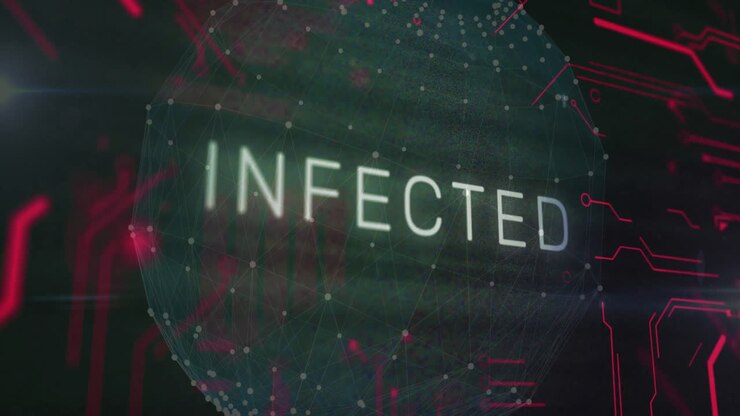 Animation of infected text and network of connections digital data processing over globe