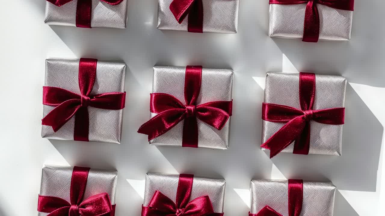 빨간 리본으로 된 은 선물 상자