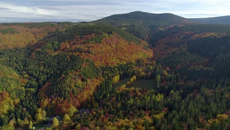 Toma-Aérea-De-Establecimiento-Del-Bosque-Montañoso-De-Colores-Otoñales-En-Europa