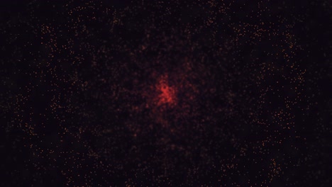 Bokeh patten, red small sparkles floating on black background. Animation. Abstract particles, small dots forming a ring, moving from the edges to the center