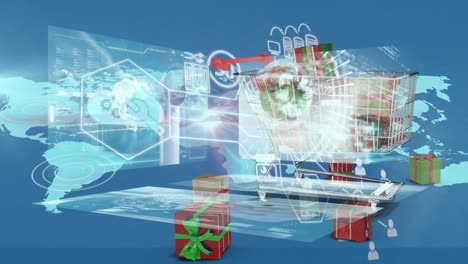 Animation-of-data-processing-over-shopping-cart-with-presents
