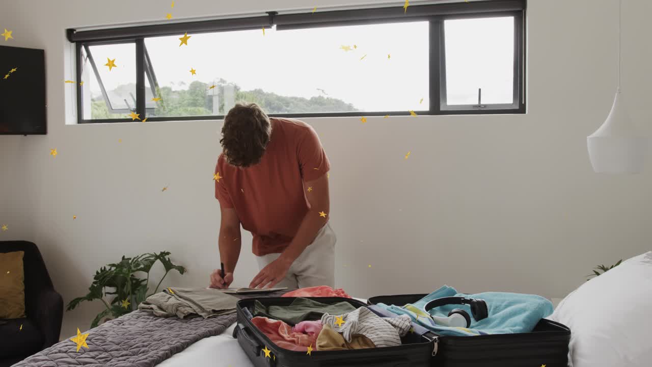 Man packing trip bag pulling papers on bed folding green shirt writing list gold stars overlaying