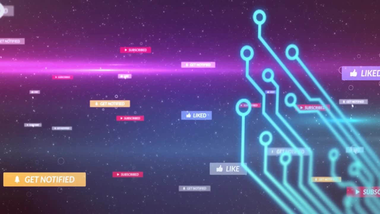 Neon-blue branching circuit pattern being animated on starry backdrop, floating social media icons