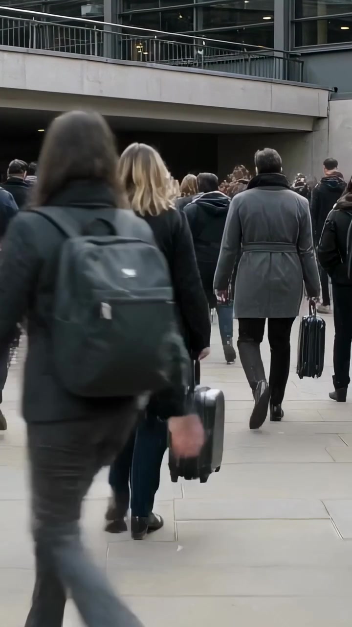 Vertical video: Starting rush, woman in coat toting case walking to underpass and man passing bike