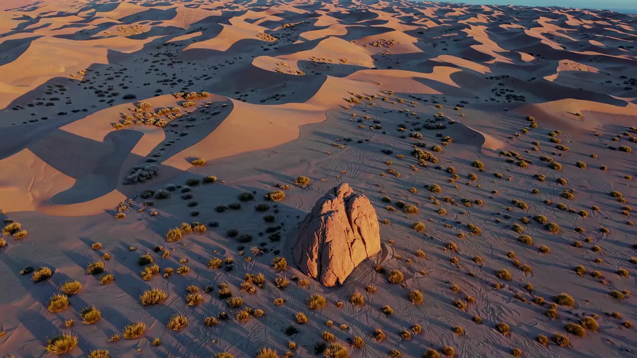 Video aereo di un vasto paesaggio desertico con dune ondeggianti e vegetazione sparsa, che mostra un solitario