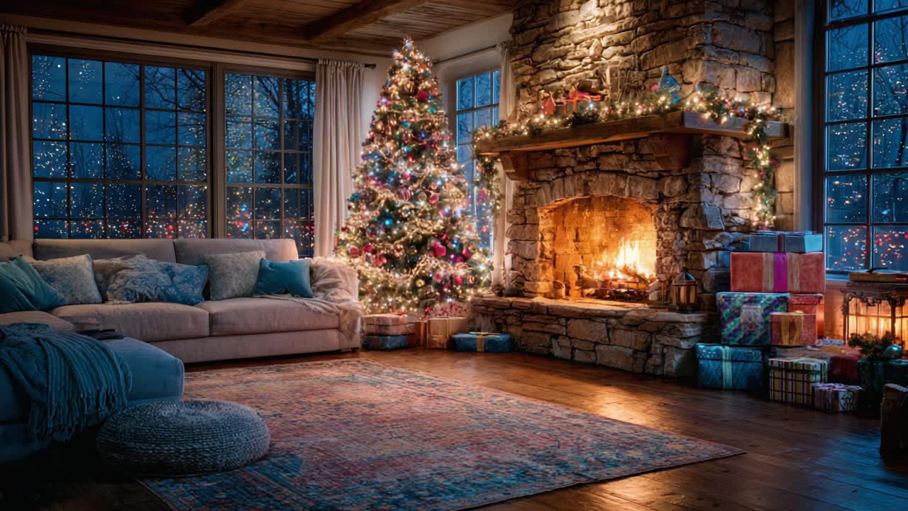 Cozy Holiday Living Room with a Beautifully Decorated Christmas Tree ...