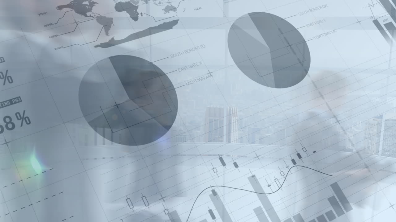 animación del procesamiento de datos financieros sobre personas de negocios caminando en la oficina