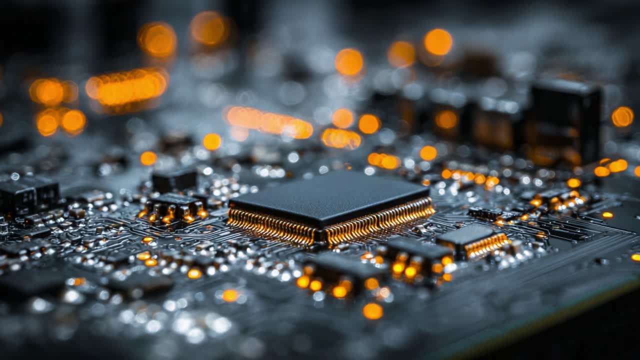 Close-up Exploration of a Microchip on a Circuit Board Capturing the Intricacies of Modern Electronics with a Glorious Glow of LED Lights