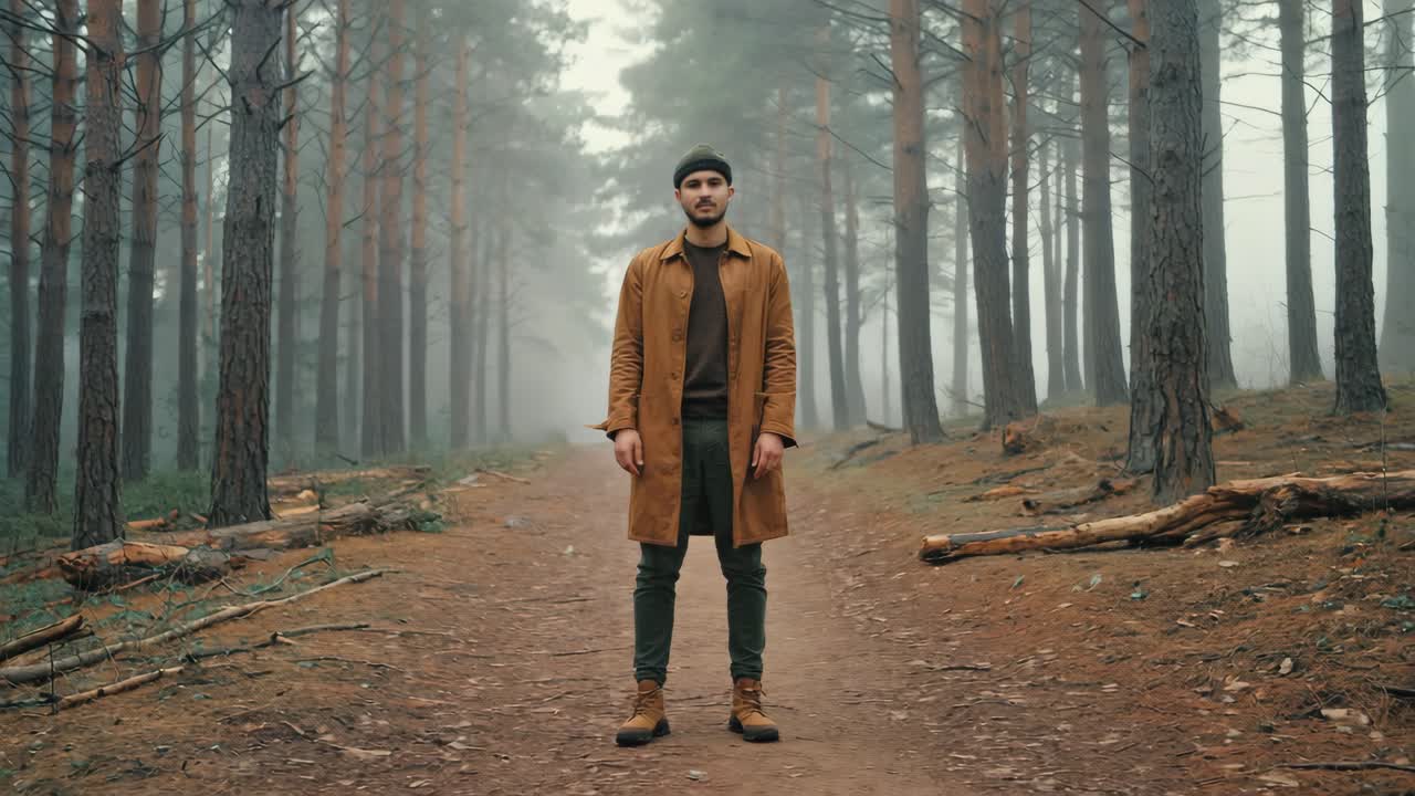 Young male hiker wearing brown coat and beanie is standing on a path in a misty forest during a cold autumn day, surrounded by tall pine trees and fallen branches