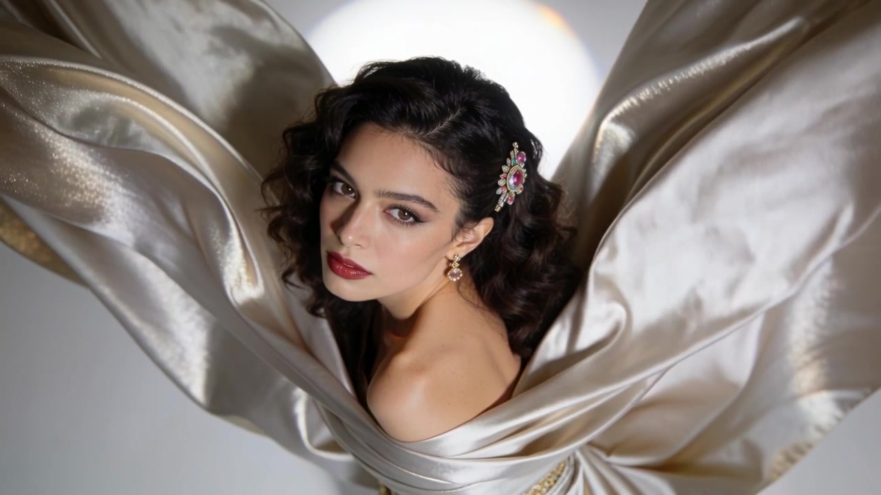 Extending model spreading gold satin wings under light in studio, jeweled clip posing for fashion