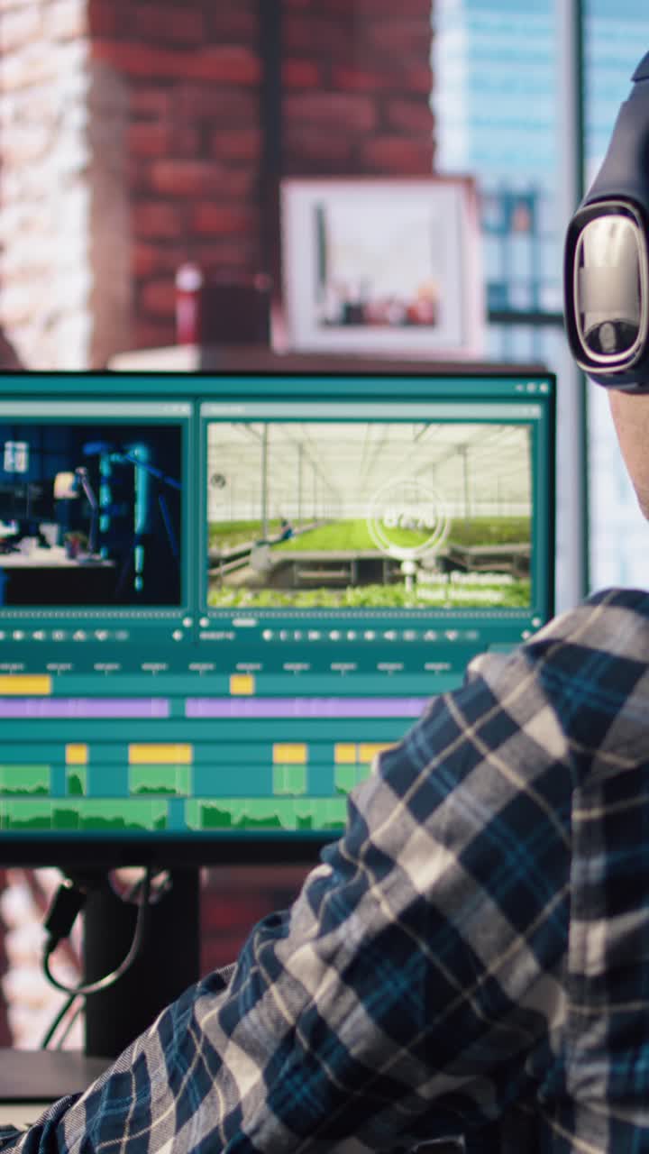 Vertical video Video editor editing color grading in creative home office, zoom in shot