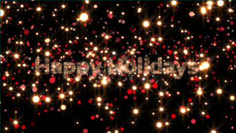 texto de felices fiestas contra fuegos artificiales estallando y manchas de luz contra fondo negro