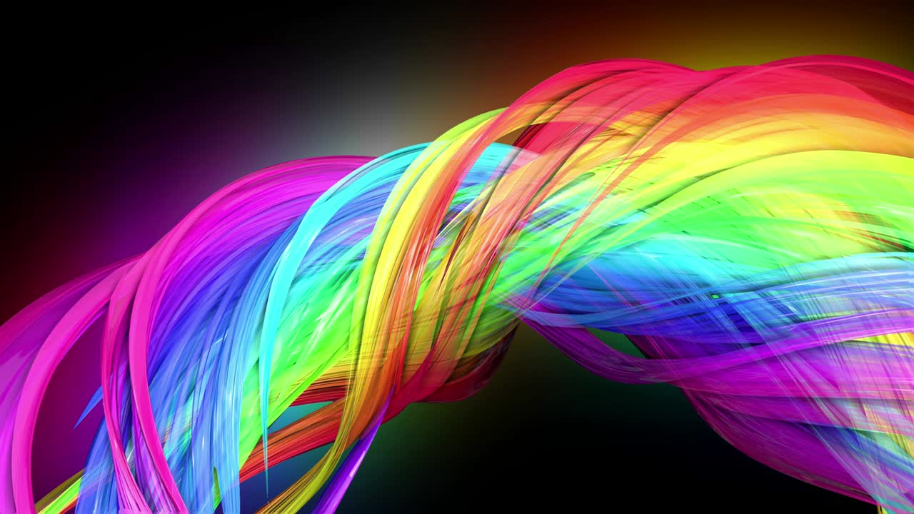 라인과 리본이있는 추상적인 배경으로 원으로 움직이는 네온 빛을 가진 무지개 색의 테이프의 4k 다채로운 루프 애니메이션.