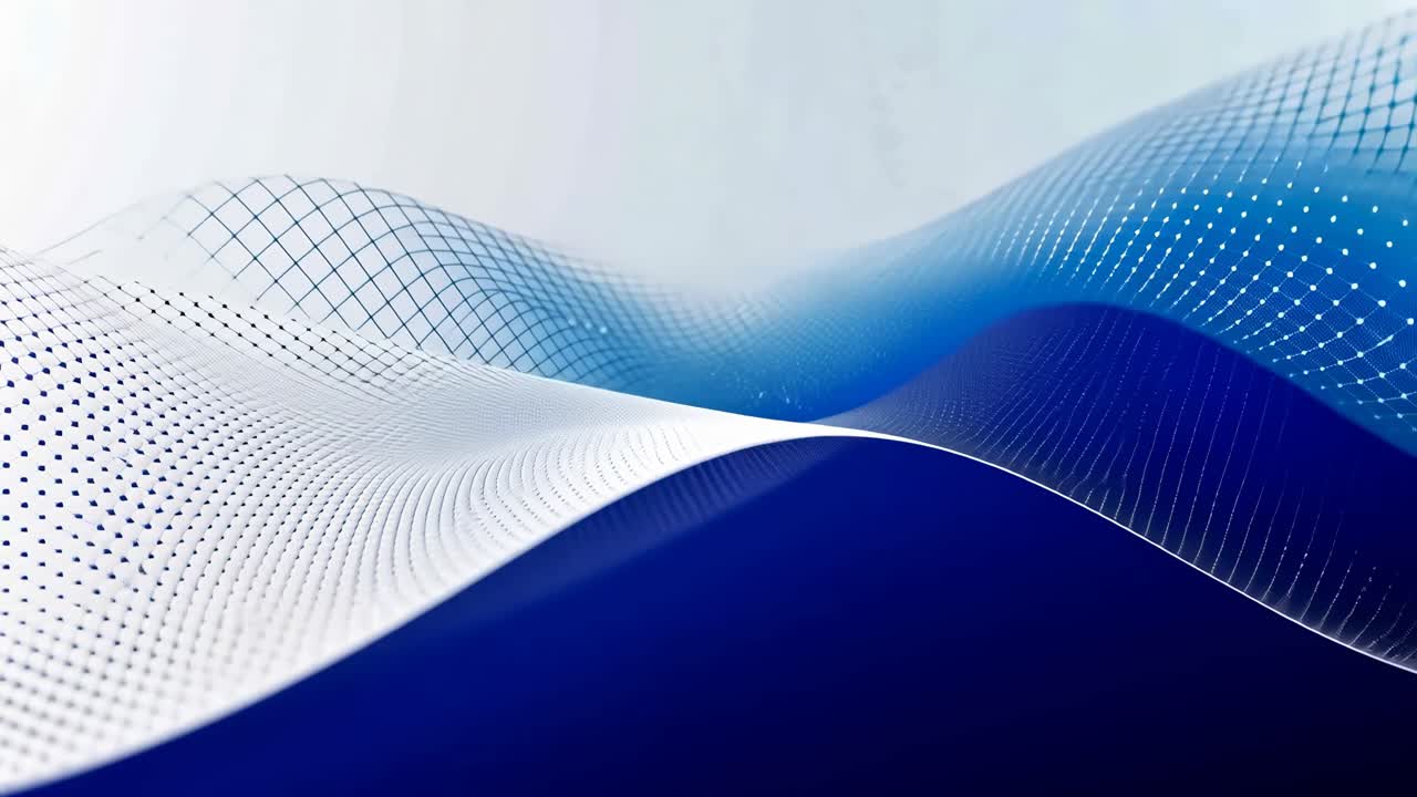Abstract digital waves in blue and white, viewed from a low angle