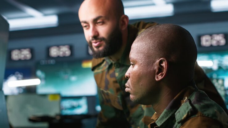 Army unit working in governmental facility next to colleague