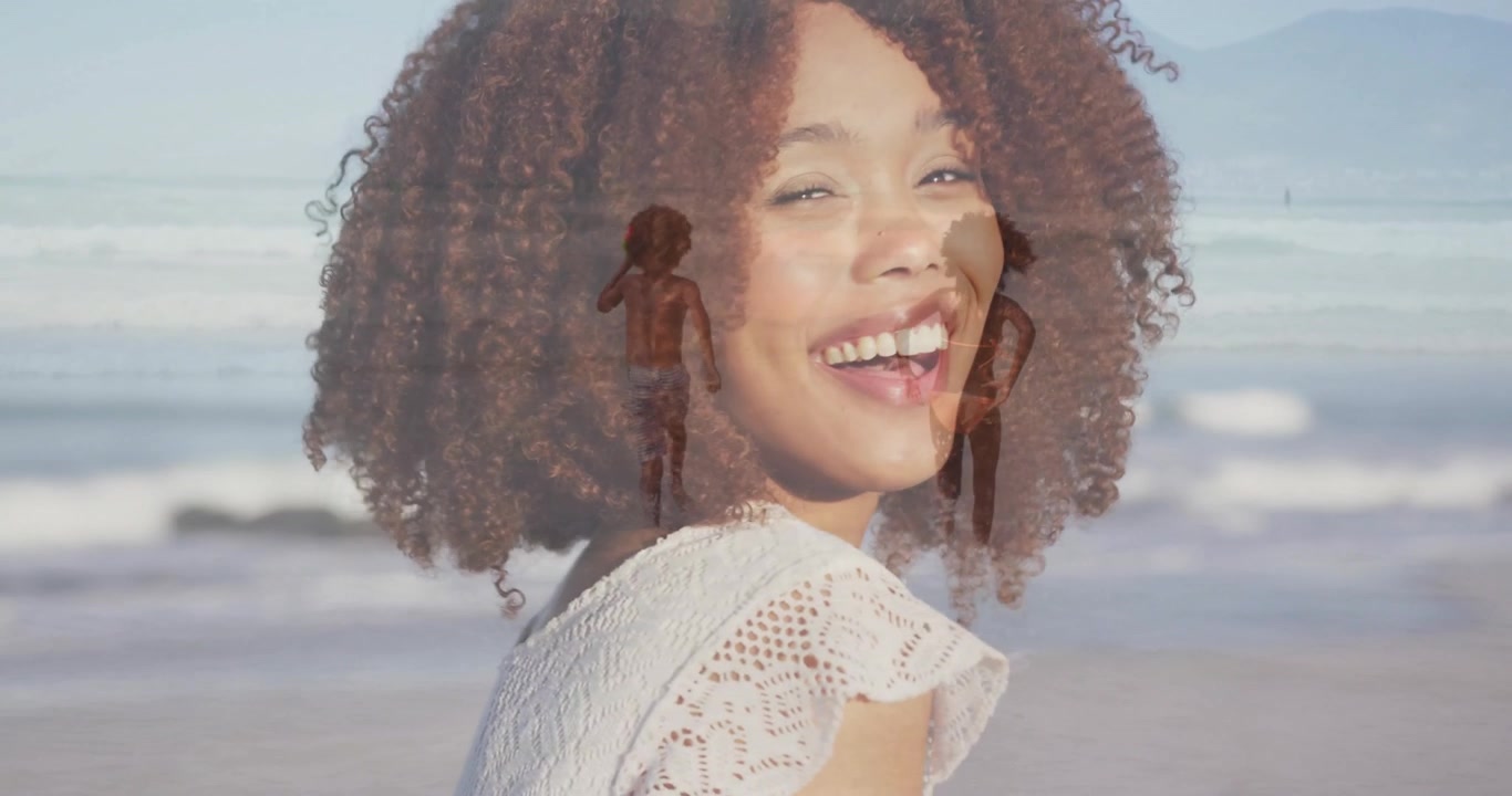 Mother turning camera activating overlays running boy walking girl on beach waves travel marketing