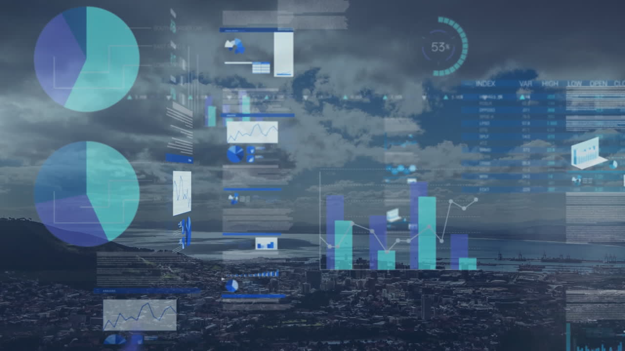 Animation of data processing over cityscape