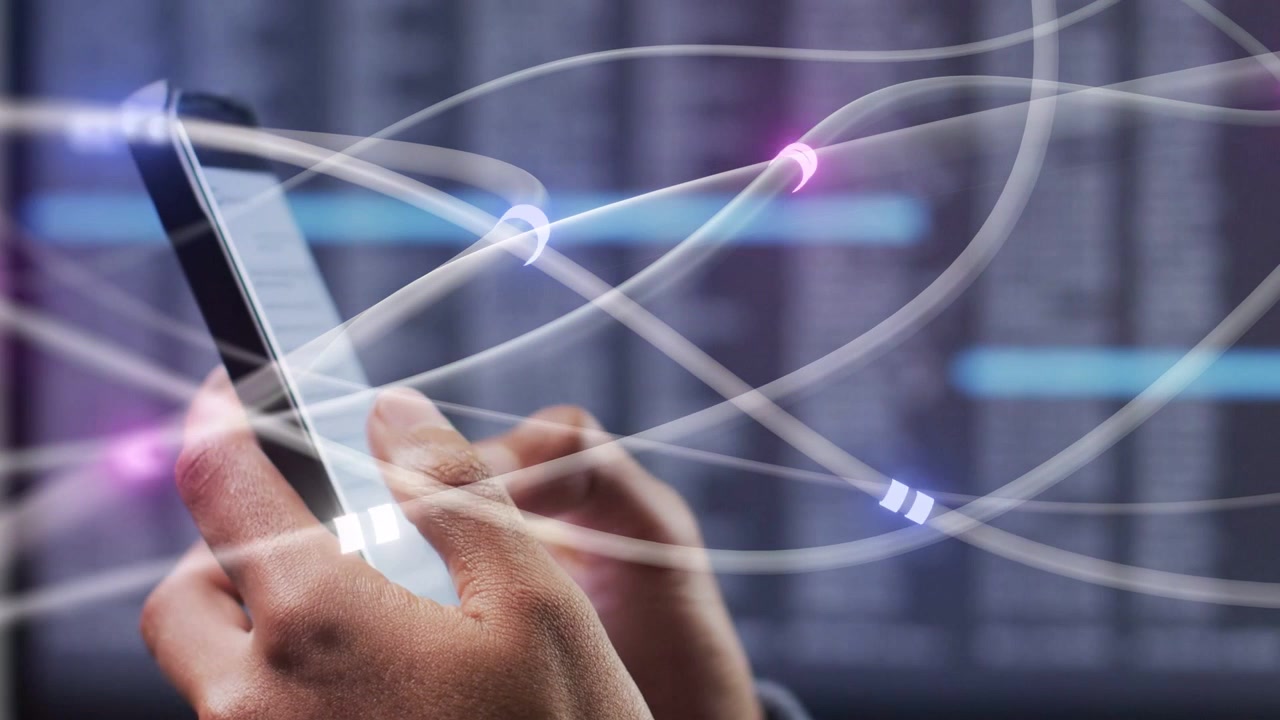 Tapping adult hands after grip thumb hover, swiping phone in studio with sleeve and light trails
