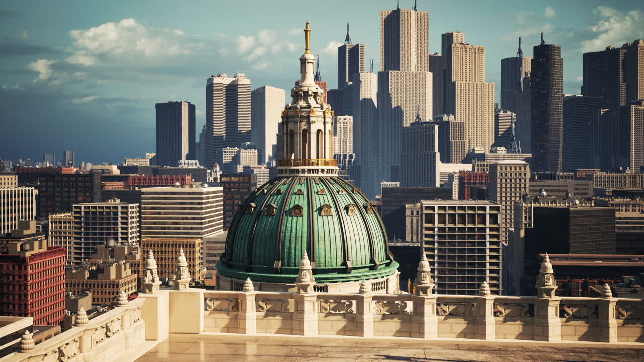 울창한 초록색 이 뉴욕시의 스카이 라인을 우아하게 장식합니다.