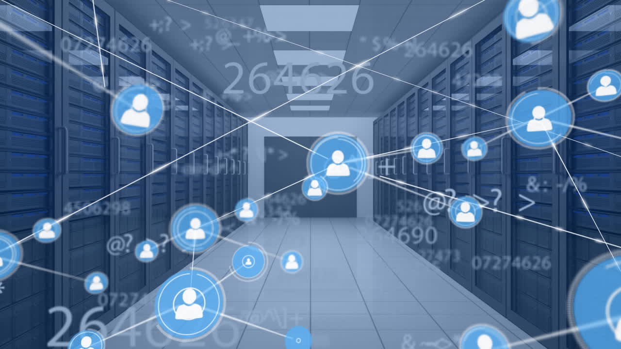 Animation of network of connections with digital icons and numbers over computer servers