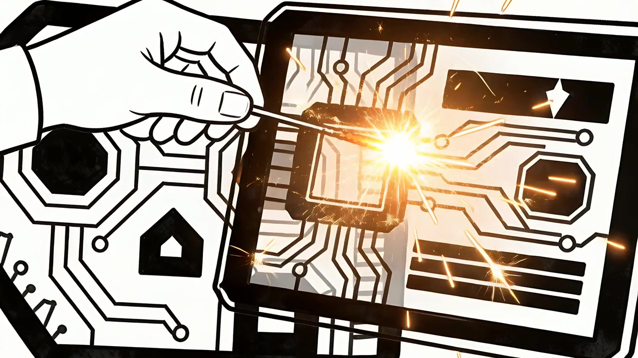 Touching illustrated cuffed hand holding lit rod contacting microchip on PCB, producing sparks