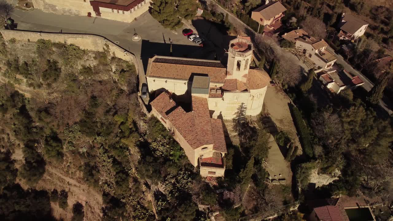 Drone orbiting around church of Santa Mar&iacute;a in San Martin Sarroca, Catalonia
