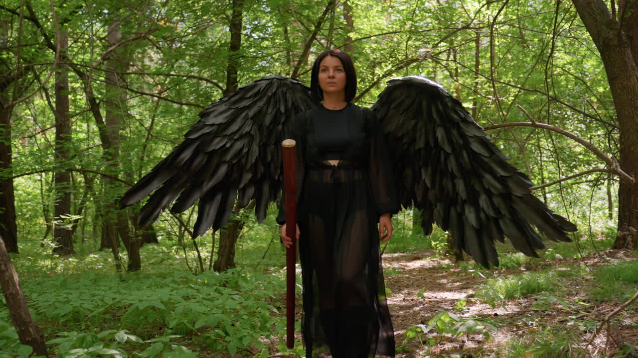 Actress dressed as black fairy walks gracefully through forbidden woodland holding staff, sunlight shimmering through green leaves, creating mysterious cinematic atmosphere of magic