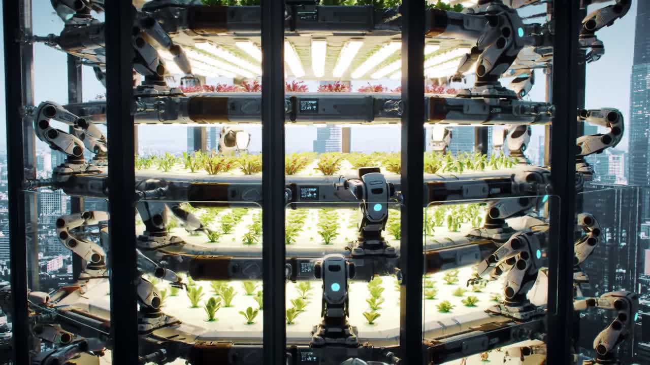 Advanced vertical farming systems demonstrate robotic automation in a cityscape, with layers of vibrant plants growing under artificial lights, blending nature with technology.