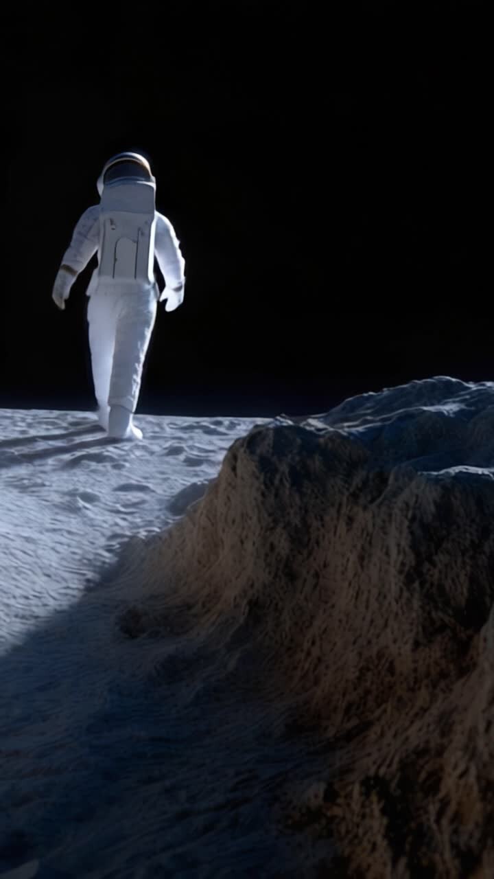 An astronaut explores the lunar surface, captivated by the stark contrast between the rugged terrain and the infinite darkness of space surrounding them