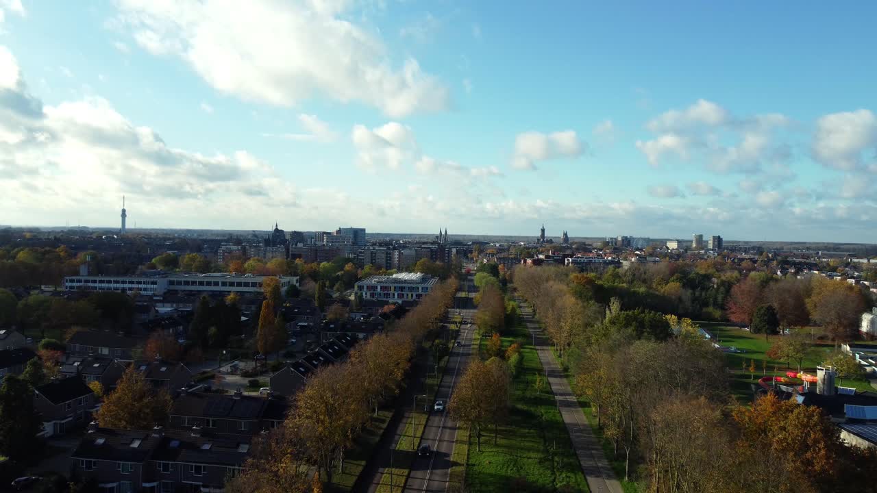 Aerial view of a cityscape in autumn