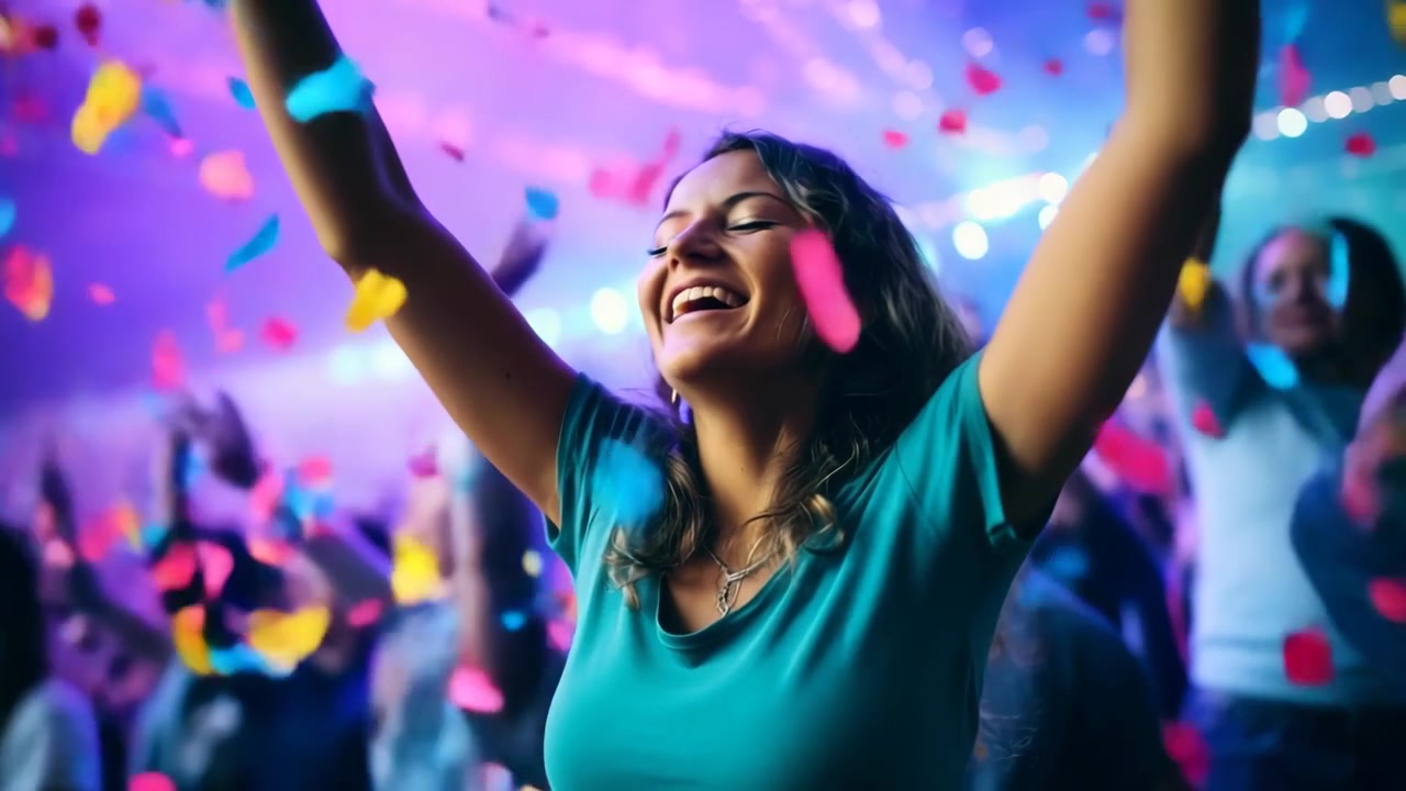 Giovane donna gioiosa che esulta tra coriandoli che cadono a una festa vivace