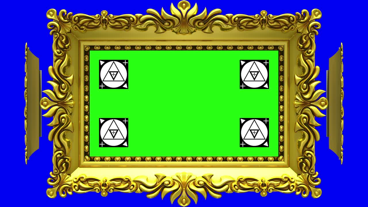 장식 된 금색 그림 프레임은 파란색 배경에서 원으로 회전, 크로마 키, 원활한 루프, 모션 추적 마커와 녹색 화면과 함께 3d 애니메이션, 알파 매트 포함되어 있습니다.