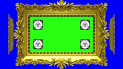 marcos de imágenes dorados ornamentados giran en un círculo sobre fondo azul, llave de croma. bucle sin costuras, animación 3d con marcadores de seguimiento de movimiento y pantalla verde. matte alfa incluido.