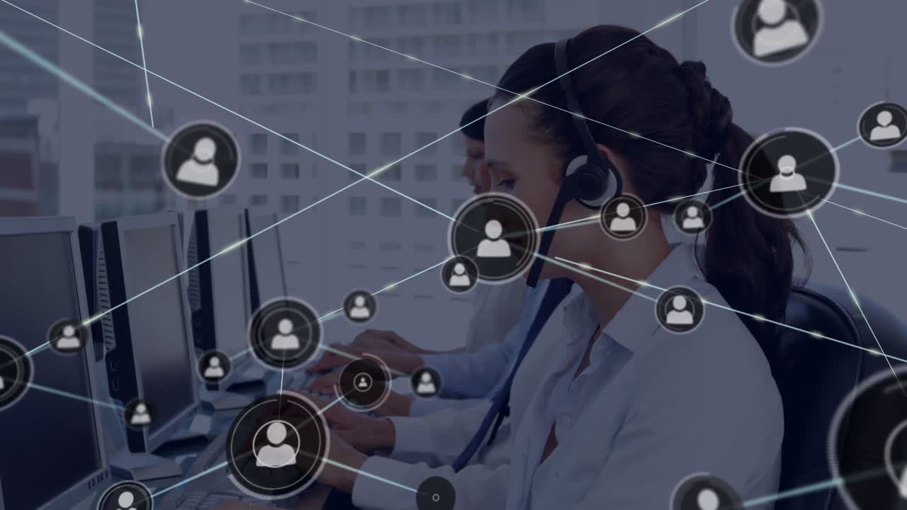 Animation of network of profile icons over caucasian woman wearing phone headset working at office