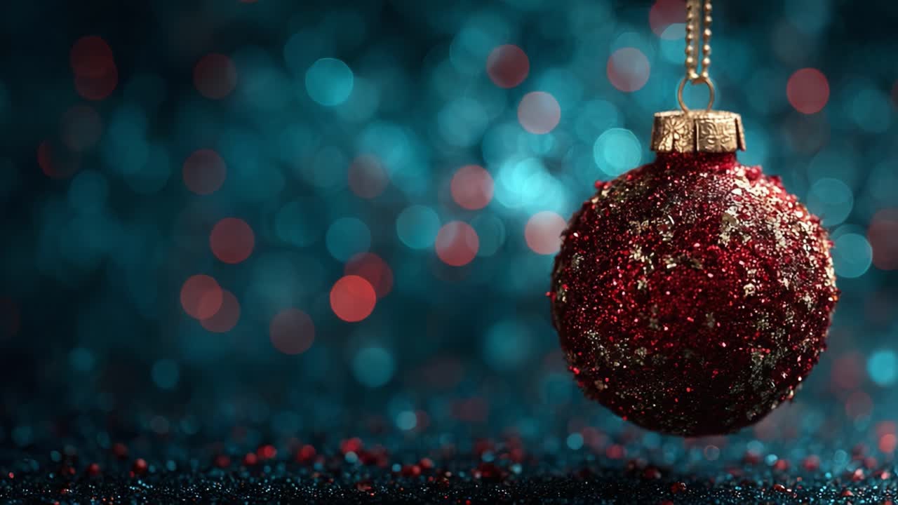 Una decorazione natalizia rossa e scintillante appesa a uno sfondo blu brillante, perfetta per feste e decorazioni a tema.